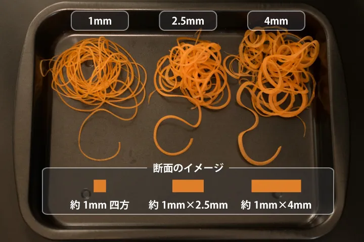 1mm、2.5mm、4mmのくし刃で3通りの太さに切ったニンジン。2.5mmや4mmのくし刃では、断面は正方形ではなく、約1mmの厚さの平たい長方形になる。